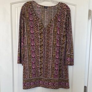Rafaela Bohemian Patterned Tunic Top with Wooden Bead Neckline Accent -1X